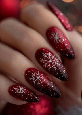 Uñas Prensadas Navidad Rojo Oscuro Brillo Texturizado Copos de Nieve Longitud Media/Larga Foto 1 de 4