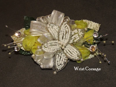 Corsage Yellow Beaded Lily, Silk Roses, Beads Rhinestones. Boutonniere Option - Image 1 of 4