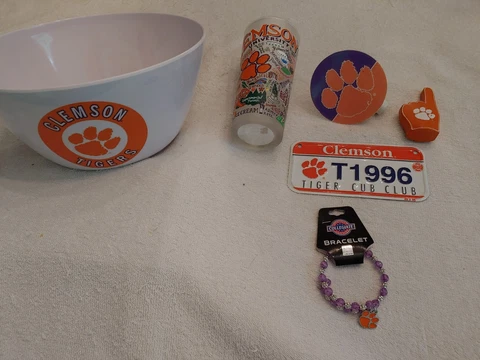 Clemson University Memorabilia, 6 items: Bowl-Bracelet-Glass-night light plus Cover
