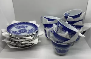 SPODE Fitzhugh Blue - London Shape Footed Cup & Saucer Set - Great - Set of 10 - Picture 1 of 9