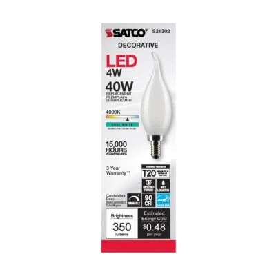 Satco S21302 - 4 Watt LED CA10 Candelabra Light bulbs- 4000K - 6 Pack - Image 1 of 4