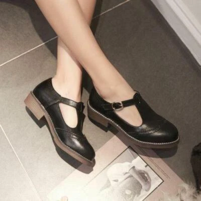 Women's Splicing Brogue Lolita Round Toe T Strap Mary Jane College Shoes Pumps - Image 1 of 4