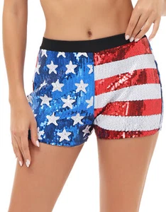 July 4th USA Flag Star Stripes Mid Rise Sparkly Sequin Shorts - Picture 1 of 7