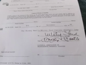 MICKEY MANTLE-WHITEY FORD 1986 FANTASY CAMP SIGNED MLB CONTRACT - Picture 1 of 3