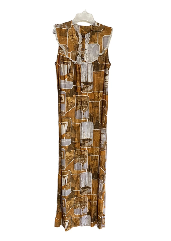 Vintage 70’s Nightgown Size Small MCM Brown Print The Brady Bunch Hippie - Image 1 of 4