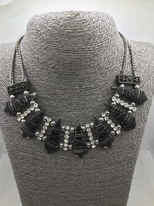 Chunky Silver Tone Bib Necklace Rhinestones Viking Retro Statement - Picture 1 of 12