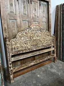 Vintage Hand Carved Queen Headboard Floral Whitewash Rustic Headboard Gift - Picture 1 of 4