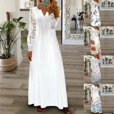 Robe Longue À Fleurs Pour Femmes Tenue De Vacances En Dentelle Style Boho / - Photo 1/4