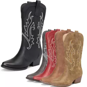 Women Cowboy Cowgirl Boots Pointed Toe Low Heel Western Mid Calf Boot - Picture 1 of 58