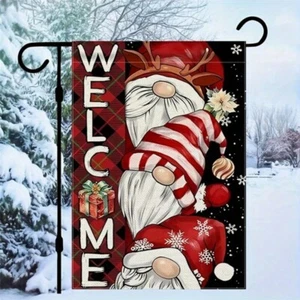 Welcome Christmas Gnomes Winter Garden Flag Double Sided Plaid Snowflakes Gift - Picture 1 of 4