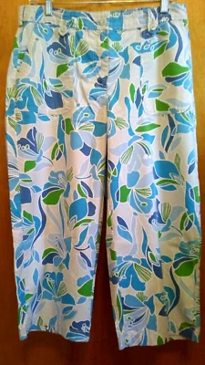 Capris 8 utilitario cintura elástica vintage 100 % algodón tiro alto azul gráfico floral Foto 1 de 4
