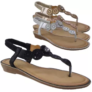 Sandals Shoes Wedge Elastic Toe Post Bling Summer Lounge Girls Ladies Womens Siz - Imagen 1 de 13