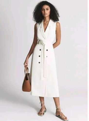 OFF WHITE ABITO MIDI NUOVO CON ETICHETTE REISS OFF BIANCO MISTO LINO DOPPIOPETTO CON CINTURA TAGLIA UK 6