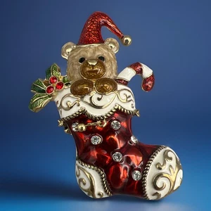 NAPIER ENAMELED TEDDY BEAR IN RHINESTONE CHRISTMAS STOCKING - Picture 1 of 11