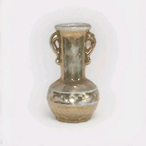 Miniature Japanese Vase-Gold, Double Handled, 2.25" Height. Raised Relief Trim - Picture 1 of 16