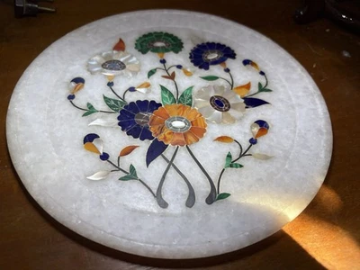 Assiette Décorative Albâtre Décors Incrusté Lapis Lazuli Malachite Nacre ..30 Cm - Photo 1/4