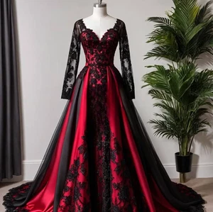 Gothic Black And Red Wedding Dresses Long Sleeves Lace Appliques A-Line V-Neck - Picture 1 of 11