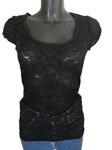 Top noir façon guipure manches courtes Taille S Bon état - Picture 1 of 6