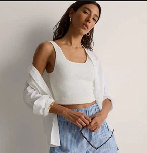Quince Damen Cropped Square Neck Rippstrick Tank Weiß Ärmellos Top L - Bild 1 von 7