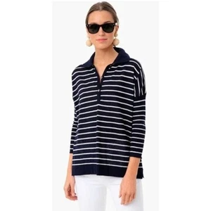Tuckernuck Navy White Striped Clayton Knit Polo Linen Shirt 3/4 Sleeve Size XS/S - Picture 1 of 16