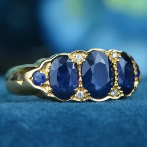14K Gold Natural Blue Sapphire and Diamond Vintage Style Three Stones Ring - Picture 1 of 13