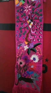 Brite Pink Peacock Mexican Embroidered Table Runner 54"x16" - Picture 1 of 7