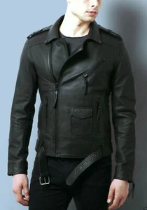 Men Black Leather Jacket Biker Motorcycle Cafe Racer Soft Lambskin Zipper Short - Picture 1 of 6
