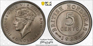British Honduras, 1939 George VI Five Cents, 5 Cents. PCGS MS 65. 20,000 Mintage - Picture 1 of 3