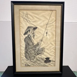Artista vietnamita firmato Bé Ký (Beky, Be Ky) inchiostro su seta incorniciato uomo arte pesca - Foto 1 di 4