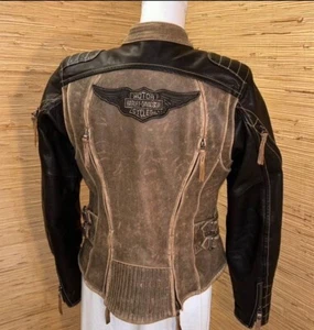 Harley Davidson Jacket Womens Small Distressed Leather HD Riding Black Brown - Picture 1 of 11