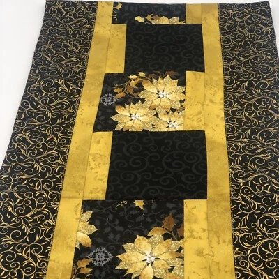 Christmas Table Runner And Four Placemats Gold on Black - Image 1 of 4