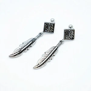 2pcs Stainless Steel Feather Dangle Drop Post Stud Earrings Men Women Rhombus - Picture 1 of 10