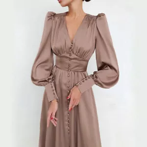 1940 Mujeres Seda Sólida Botones Vestido de Té Mangas Largas Vestido - Imagen 1 de 15