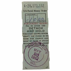 US Postal Money Order Purchaser's Receipt May 26 1962 Morgantown Indiana Vintage - Picture 1 of 4
