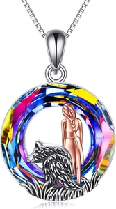 Wolf and Girl Crystal Penant Necklace Sterling Silver Jewelry Gifts for Women - Picture 1 of 6