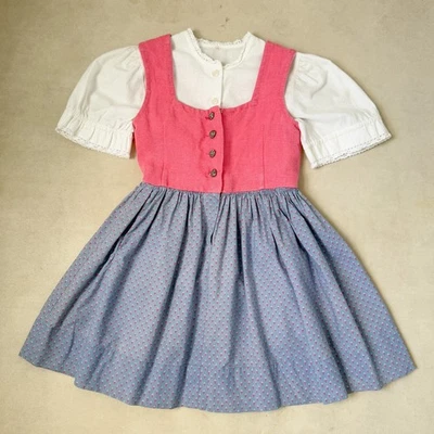 VTG Lanz Girls German Bavarian Oktoberfest Pink Blue Floral Dirndl Dress & Top S - Image 1 of 4