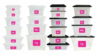 Plastic Storage Boxes with Clear and Black Lids Heavy Duty Stackable Quality NEW - Image 1 of 4