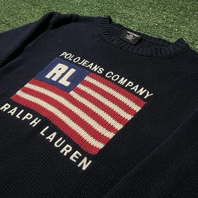 复古 Polo Ralph Lauren 美国国旗针织毛衣海军蓝棉质 L 码 — 第 1/4 张图片