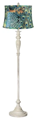 Lámpara de pie Shabby Chic antigua blanca con estampado de pavo real pantalla para sala de estar lectura Foto 1 de 4