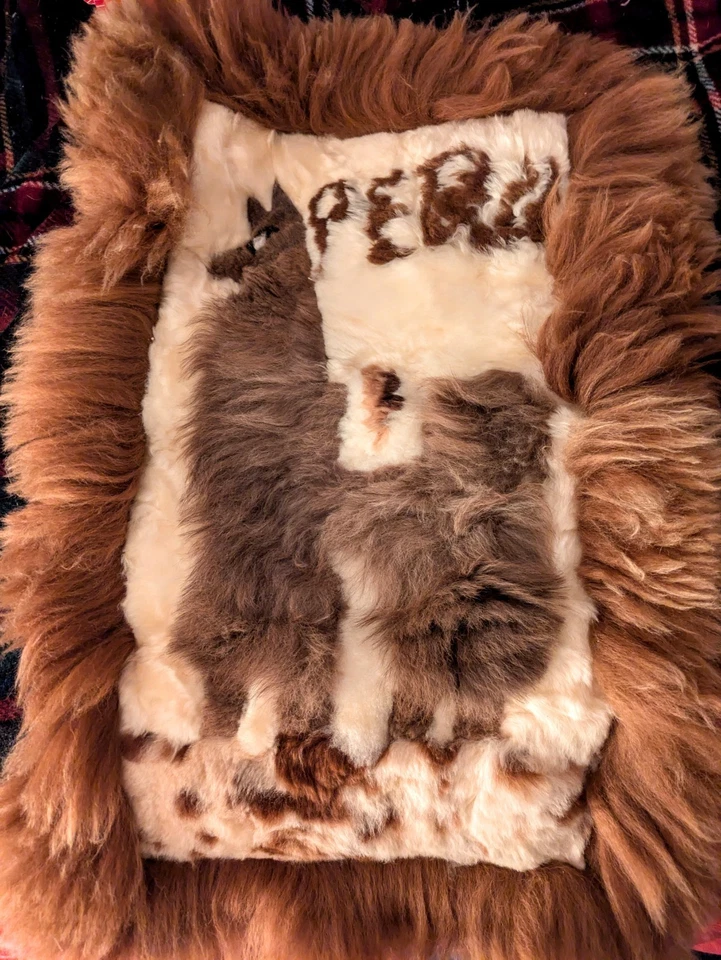 Tapiz colgante de pared de piel de alpaca Perú llama recuerdo hecho a mano marrón/marfil 16"x23 Foto 1 de 4