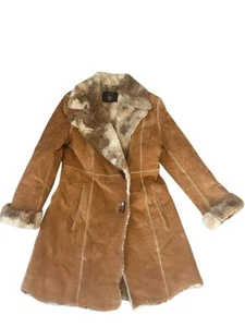 Vintage Guess Penny Lane Distressed Suede Leather Fur Jacket Y2K Brown Coat M - Picture 1 of 10