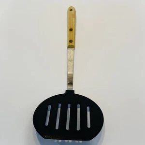 Vintage Stainless Steel Slotted Turner Spatula Made In Japan WOOD HANDLE - Picture 1 of 4