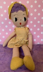 Vintage Holiday Fair 1963 Cloth Rag Doll Japan yellow gingham dress purple yarn - Picture 1 of 10