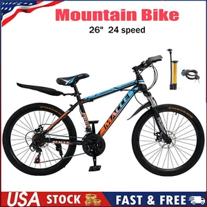 26" Spoke Wheel 24 Speed Mountain Bicycle Adult Bike MTB w/ fender Blue+Orange U - Picture 1 of 16