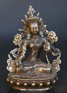 5.5" Tibet Tibetan Buddhism Bronze Sit Lotus Green Tara Kwan-yin Goddess Statue - Picture 1 of 8