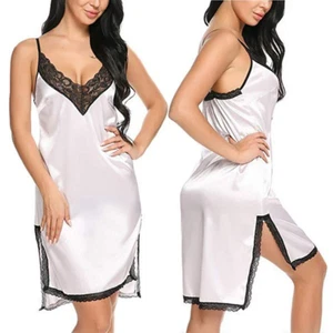 Women Contrast Lace Dip Hem Cami Dress Side Slit Babydoll Big Size Sexy Lingerie - Picture 1 of 29