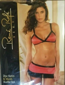 Rene Rofe 2 Piece Satin & Mesh Ruffle SET Sexy Lingerie Medium/Large NEW - Picture 1 of 2
