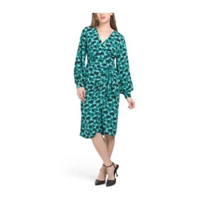 Nuevo vestido midi envolvente manga larga estampado negro verde Maggy London para mujer talla 14 Foto 1 de 4