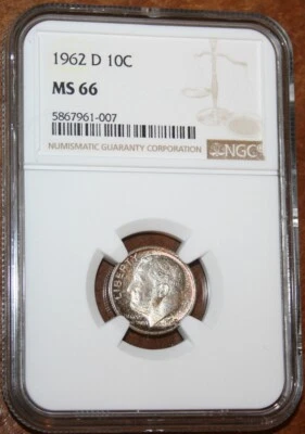 USA 1962D Roosevelt Silver Dime NGC Graded MS 66 Nicely Toned Gem Coin  - Image 1 of 2