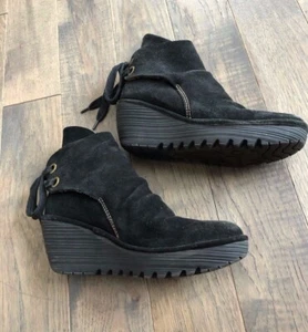 FLY LONDON 'Yama' Black Suede Wedge Bootie Tie Back 38 - Picture 1 of 6
